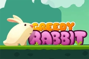 Beyaz bir tavşanın oturduğu yeşil çimen zemin üzerinde, arka planda GREEDY RABBIT yazısı ve bulutların bulunduğu çizgi film tarzı bir sahne