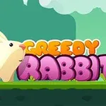 Beyaz bir tavşanın oturduğu yeşil çimen zemin üzerinde, arka planda GREEDY RABBIT yazısı ve bulutların bulunduğu çizgi film tarzı bir sahne