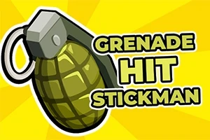 Yeşil el bombası, sarı arka plan üzerinde stilize edilmiş büyük harflerle yazılmış Grenade Hit Stickman metniyle birlikte
