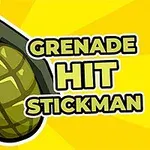 Yeşil el bombası, sarı arka plan üzerinde stilize edilmiş büyük harflerle yazılmış Grenade Hit Stickman metniyle birlikte