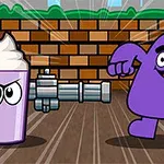 Mor renkte bir figür, suratı asık bir milkshake ve arka planda tuğla bir duvar bulunan çizgi film sahnesi