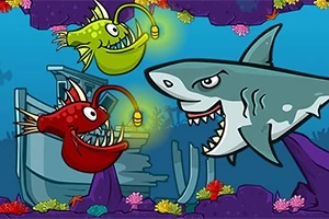 Growing Fish Deniz altında bir köpekbalığı, iki fener balığı ve batık bir gemi ile renkli mercanların bulunduğu çizgi film tarzı sahne