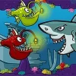 Growing Fish Deniz altında bir köpekbalığı, iki fener balığı ve batık bir gemi ile renkli mercanların bulunduğu çizgi film tarzı sahne