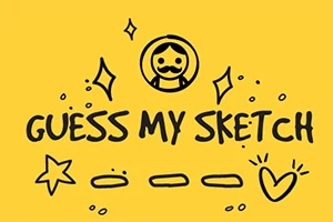 Sarı arka plan üzerinde Guess My Sketch yazısı ve çizgi adam, yıldız, kalp gibi basit çizimler