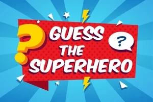Kırmızı bir zemin üzerinde Guess the Superhero yazısı, etrafında soru işaretleri ve yıldırım simgeleri