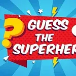 Kırmızı bir zemin üzerinde Guess the Superhero yazısı, etrafında soru işaretleri ve yıldırım simgeleri