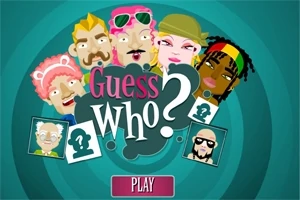 Renkli arka plan üzerinde, çeşitli tarzlarda çizilmiş altı farklı karakter portresi ile Guess Who?