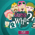 Renkli arka plan üzerinde, çeşitli tarzlarda çizilmiş altı farklı karakter portresi ile Guess Who?
