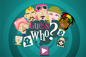 Renkli ve çeşitli yüz ifadelerine sahip karikatür karakterlerin yer aldığı mavi bir arka plan üzerinde Guess Who?