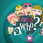 Renkli ve çeşitli yüz ifadelerine sahip karikatür karakterlerin yer aldığı mavi bir arka plan üzerinde Guess Who?