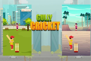 Ortada Gully Cricket yazısı bulunan, solda şehir manzaralı ve sağda palmiye ağaçlarıyla çevrili iki farklı kriket sahnesi