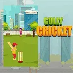 Ortada Gully Cricket yazısı bulunan, solda şehir manzaralı ve sağda palmiye ağaçlarıyla çevrili iki farklı kriket sahnesi