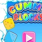 Renkli Gummy Blocks yazısı ve bulutlarla çevrili çeşitli renklerde bloklar