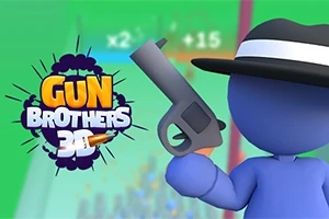Mavi bir karakter silah tutarken, yan tarafta Gun Brothers 3D yazısı ve bir şapka ile görülüyor