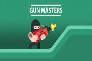 Siyah giysili bir karakter, yeşil bir arka plan önünde kırmızı bir silah tutuyor; üstte Gun Masters yazısı bulunuyor