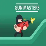 Siyah giysili bir karakter, yeşil bir arka plan önünde kırmızı bir silah tutuyor; üstte Gun Masters yazısı bulunuyor