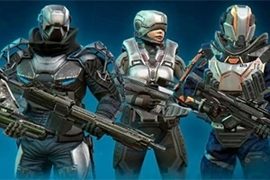Gun Mayhem Üç futuristik savaşçı, ağır zırh ve kasklarla donanmış, büyük silahlar tutuyor