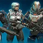 Gun Mayhem Üç futuristik savaşçı, ağır zırh ve kasklarla donanmış, büyük silahlar tutuyor