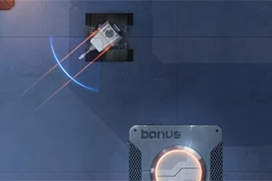 Kare alanda bir robot, lazer benzeri bir çizgi ile bir hedefe yöneliyor; ön planda bonus yazılı bir kutu var