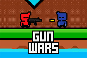 Kırmızı ve mavi piksel karakterlerin silahlı çatışması ön planda, altta GUN WARS yazısı