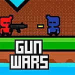 Kırmızı ve mavi piksel karakterlerin silahlı çatışması ön planda, altta GUN WARS yazısı
