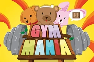 Çizgi film tarzında bir köpek, ayı ve tavşanın olduğu, büyük bir halterin üzerine yerleştirilmiş renkli GYM MANIA yazısı