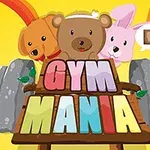 Çizgi film tarzında bir köpek, ayı ve tavşanın olduğu, büyük bir halterin üzerine yerleştirilmiş renkli GYM MANIA yazısı