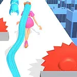 Mavi saçlı bir karakter, beyaz bir yol üzerinde kırmızı daire testere engelleri arasında koşuyor