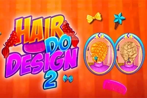 Turuncu arka plan üzerinde renkli ve büyük harflerle yazılmış Hair Do Design 2 başlığı ile iki farklı saç modeli bulunan oval çerçeveli resimler