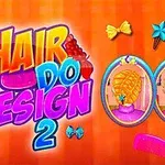 Turuncu arka plan üzerinde renkli ve büyük harflerle yazılmış Hair Do Design 2 başlığı ile iki farklı saç modeli bulunan oval çerçeveli resimler