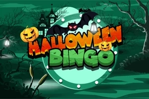 Karanlık bir ormanda, balkabağı ve yarasalarla süslenmiş Halloween Bingo yazısı ön planda