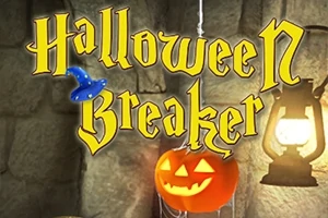 Karanlık bir arka plan üzerinde Halloween Breaker yazısı, bir balkabağı feneri ve asılı bir lamba