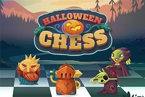 Siyah ve turuncu tonlarında korku temalı satranç figürleri, Halloween ve Chess yazısının yer aldığı bir arka plan