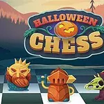 Siyah ve turuncu tonlarında korku temalı satranç figürleri, Halloween ve Chess yazısının yer aldığı bir arka plan