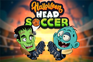 Üzerinde Halloween Head Soccer yazan, futbol stadyumu arka planında Frankenstein ve zombi karakterlerinin çizimi