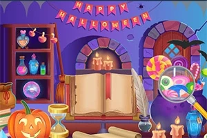 Mor ve turuncu tonlarında süslenmiş bir oda, açık bir kitap, çeşitli iksir şişeleri, mumlar, şekerlemeler ve Happy Halloween yazılı bir afişle dekore edilmiş