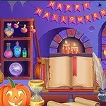 Mor ve turuncu tonlarında süslenmiş bir oda, açık bir kitap, çeşitli iksir şişeleri, mumlar, şekerlemeler ve Happy Halloween yazılı bir afişle dekore edilmiş