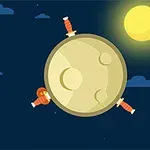 Gece gökyüzünde sarı bir gezegenin etrafında saplanmış üç kılıç ve parlak bir güneş