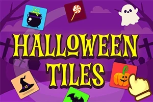 Mor arka plan üzerinde, bir cadı kazanı, lolipop, hayalet, cadı şapkası, yarasa, balkabağı ikonları ve Halloween Tiles yazısı
