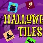 Mor arka plan üzerinde, bir cadı kazanı, lolipop, hayalet, cadı şapkası, yarasa, balkabağı ikonları ve Halloween Tiles yazısı