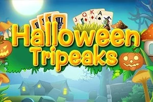 Yeşil ve turuncu renk tonlarında Halloween Tripeaks yazısı, arka planda korkuluklar, balkabağı ve oyun kartlarıyla çevrili
