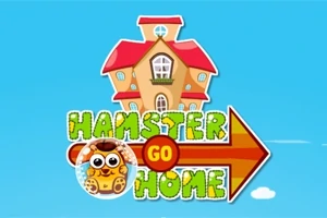 Mavi bir arka plan üzerinde kırmızı çatılı bir ev ve yanında yuvarlak gözlük takmış bir hamster karakteri ile birlikte Hamster Go Home yazısı