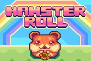 Sevimli bir hamster piksel sanatı tarzında, çiçek tutarak gökkuşağı fonu önünde duruyor