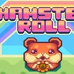 Sevimli bir hamster piksel sanatı tarzında, çiçek tutarak gökkuşağı fonu önünde duruyor