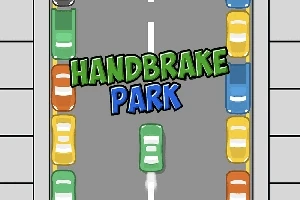 Grinin tonlarına sahip bir yolun üzerinde sıralanmış renkli arabalar ve merkezde büyük yeşil ve mavi harflerle Handbrake Park yazısı