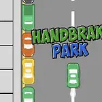 Grinin tonlarına sahip bir yolun üzerinde sıralanmış renkli arabalar ve merkezde büyük yeşil ve mavi harflerle Handbrake Park yazısı
