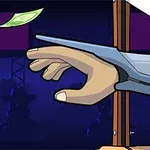 Karanlık bir sahnede, bir giyotin altında duran el ve havada uçan banknot