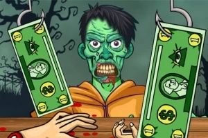 Yeşil bir zombi, asılı banknotların yanında ve önünde kırmızı lekeler bulunan bir masanın arkasında duruyor