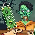 Yeşil bir zombi, asılı banknotların yanında ve önünde kırmızı lekeler bulunan bir masanın arkasında duruyor