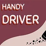 Kırmızı arka plan üzerinde yolda viraj alan siyah araba ve sol üstte Handy Driver yazısı